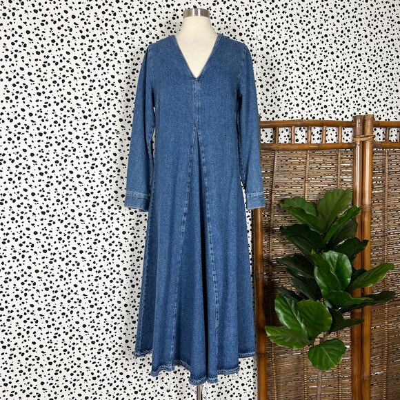 Zara Dresses & Skirts - ZARA | Tilda Denim Dark Medium Wash Long Sleeve Cotton Flowy Jean Midi Dress S